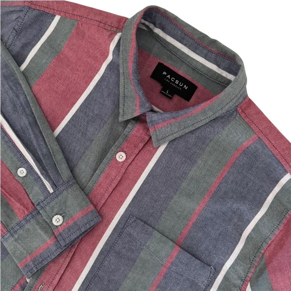 PacSun Mens Large Vertical Stripe Long Sleeve Button Down Cotton Shirt Red Green